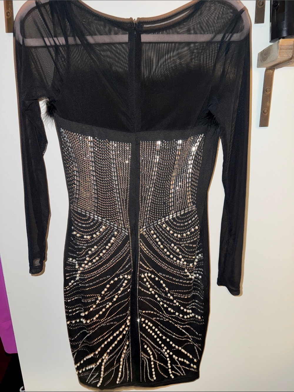 Black Embellished Mini Dress with Feather Trim - Picture 4 of 5